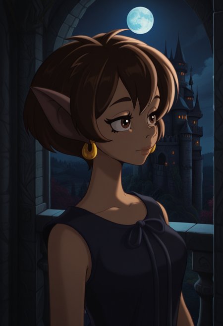 Graphic Design, color art, vibrant colors, colorful, intricate details, high contrast, detailed background, beautiful detailed, beautiful face, detailed eyes, detailed face, new, 1girl, solo, n41n4, brown hair, short hair, brown eyes, animal ears, earrings, black dress, sleeveless, portrait, dark, castle, night, moon, balcony, (masterpiece, best quality, newest, recent, absurdres),