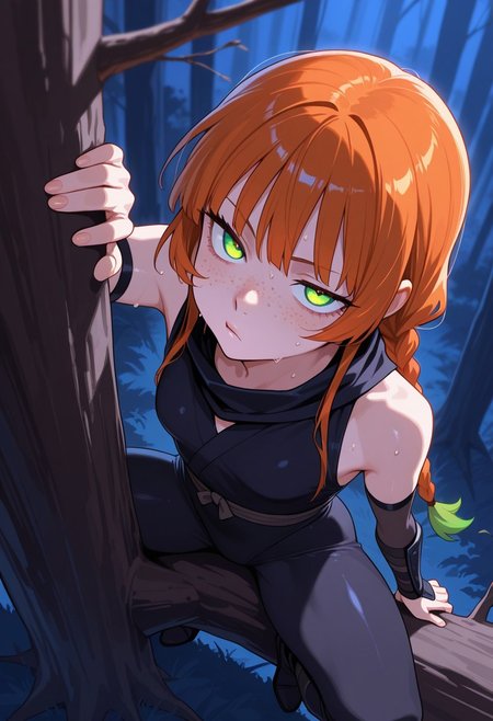 Score 9, Score 8, Score 7, Masterpiece, Superior Quality, Amazing Quality, Masterpiece, Maximum Quality, Ultra-detailed, Dynamic Angle, Dynamic Composition, Alone, White Frame, Maximum Contrast, Saturated Color, Bright Colors, Dynamic Lighting, alone, 20 years old, female body,
1 girl, Medium Shot, Full Body, Slim Body, 
Night forest, treetops, tall trees, from above,
A girl, dark ninja outfit, glowing green eyes, ninja pose, secret pose, a sexy girl, tight outfit, stalking, moonlight, good lighting, vibrant colors, contrasting lines, a girl, bright fluorescent green eyes, big eyes, tired eyes, alone, masterpiece, high quality, ultra-detailed, long hair, orange hair with green tips, medium bangs, oval face, triangular jaw, long eyelashes, freckles on cheeks, upturned nose, thin lips, dark circles under her eyes, thin neck, young, twenty-something, two long braids, medium bangs, thick thighs, medium chest, slim, medium chest, dramatic angle, on top of a tree, (((on top of a tree branch))), crouching, stalking, from above, looking at her victim, epic angle, hot, sweating, bored,