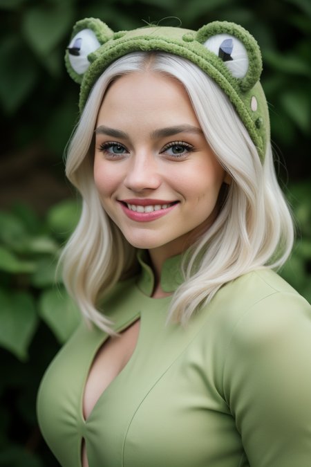Selfie portrait,  epiCPhoto smile, white hair, in frog  costume, eliselastnamesd15   <lora:FROG:0.8>  Frog costume B, animal costume, frog costume, Frog costume A
