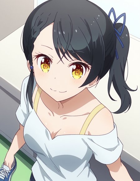 score_9, score_8_up, score_7_up, source_anime, <lora:tsubame-narumi-s2-ponyxl-lora-nochekaiser:1>, tsubame narumi, black hair, ribbon, hair ribbon, yellow eyes, side ponytail, braid, single braid, medium breasts,, collarbone, shirt, off shoulder, bra strap, short sleeves,, suburban neighborhood, morning jog, earphones, running shoes, fresh air, sunrise, smile, from above,, looking at viewer, solo,, dutch angle, cowboy shot