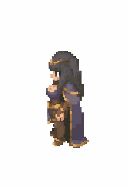 masterpiece, best quality, solo, 1girl, <lora:FFT-Sprites-illus_Fp:1>, profile, full body, standing, pixel art, simple background, white background,  <lora:fetharja-illu-nvwls-v1:1>, dfThja, black hair, black eyes, two side up, tiara, cape, bodystocking, bodysuit, cleavage, bridal gauntlets, pelvic curtain, large breasts, chibi,