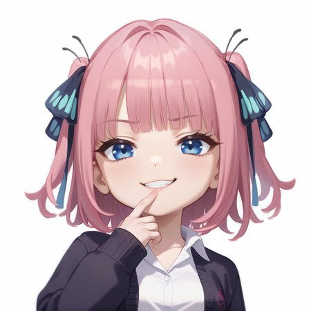 score_9, score_8_up, score_7_up, rating_safe, zPDXL2,  zPDXLxxx, zPDXL3, source_anime, <lora:GenshinChibi:1.2>, 
GenshinChibi, chibi, <lora:nino-nakano-pruned-ponyxl-lora-nochekaiser:0.5>, nino nakano, short hair, bangs, blue eyes, hair ornament, hair ribbon, pink hair, blunt bangs, two side up, butterfly hair ornament, shirt, long sleeves, white shirt, open clothes, collared shirt, sleeves past wrists, dress shirt, cardigan, open cardigan, black cardigan,
blue eyes, smirk, 
hand to mouth, 
from below,