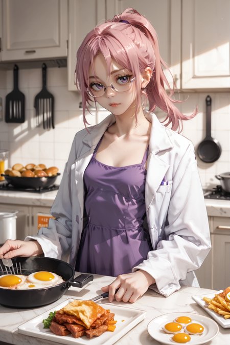 score_9, score_8_up, score_7_up,
 <lora:intp_v1:0.8>
intp_v1 , solo
ponytail, pink hair, long hair,
pale skin, 
purple eyes, 
breasts, small breasts, 
glasses,  semi-rimless eyewear,
labcoat, white coat, coat, open coat,long sleeves,
purple dress,
food, fried egg, frying pan, holding, kitchen, (indoors:1.3), Wrapping Hands Around Legs