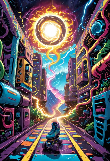 Psychedelic style Snakes learn to coil around entire mountains and squeeze them until they crumble into valleys filled with fertile soil for new life to grow. With third eye opening and god rays
 (((with exaggerated expressions))) Wearing Tiny Roller Skates: This veggie zooms around your kitchen on its own set of retro roller skates., Urban Symmetry Shots: Find symmetrical architecture like bridges or staircases and center your frame perfectly for satisfying geometric compositions..(dynamic:1.1),sun rays,(taken by 12.5mm fisheye lens:1.1), 
(Vivid, HDR, Canon50, 8K, Hyper Realistic, Dramatic, Epic, Dynamic Contrast, Cinematic Lighting, increased brightness)(((Zoomed Out, Far away Shot))) = =. Epic dynamic lighting , vibrant,highly detailed,psychedelic,((Psychedelic, rainbow glow ))
((Vivid, Epic, Dynamic contrast)) (((Zoomed out, Far away shot, In frame)), (((Cinematic, Studio lighting, Contrast)))
<lora:juggernautXL_version6Rundiffusion:0.8><lora:rundiffusionXL_beta:0.8><lora:crystalClearXL_ccxl:0.9><lora:extremely_detailed:0.8> extremely detailed
 <lora:hyperkraximalism:0.2> hyperkraximalism
 <lora:Alex_Grey_XL_Base:0.5> <lora:glowneon_xl_v1:0.8> glowneon, glowing, sparks, lightning <lora:Colour_Spaces_XL_V1:0.8> colour spaces, coloured spaces  <lora:Graphic_Novel_Illustration:0.8> graphic novel illustration, - Generate images with sharp edges and fine details.
- Produce high-resolution images with no blurriness or distortions.
- Create images with clear and well-defined subjects.
- Ensure that the output images have crisp lines and distinct features.
- Generate images with vibrant colors and accurate tones.
- Avoid noise or artifacts in the generated images.
- Focus on producing clear textures and patterns in the images.
- Emphasize clarity and definition in all aspects of the generated images.
- Prioritize the sharpness and clarity of the main subjects in the images.
- Optimize the AI model to produce clear and visually appealing images., Wlop, By art germ, Ross tran . Vibrant colors, swirling patterns, abstract forms, surreal, trippy