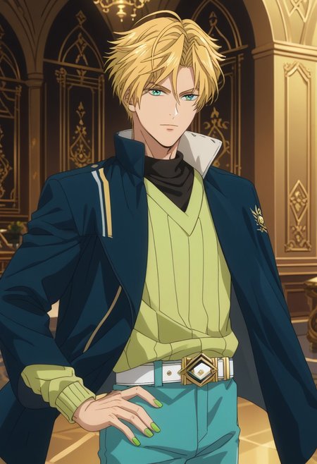 score_9, score_8_up, score_7_up, source_anime, rating_safe, Satobey, 1boy, male focus, anime screencap, hand on hip, dark blue jacket on shoulder, white belt, yellow-green sweater, green fingernails, blue pants, hand with five fingers, sorry T_T I Didn't technically focused on the way the jacket is on his shoulder--I thought the AI would have patterned it that it will be on his shoulder but oh well