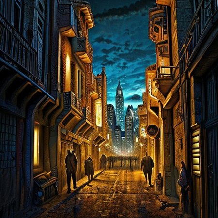 RAW photo, (masterpiece:1.3), subsurface scattering, heavy shadow, (high quality:1.4), (intricate, high detail:1.2), professional photography, HDR, High Dynamic Range, realistic, ultra realistic, photorealistic, high resolution, ambient lighting, atmospheric effects, OverallDetail, alley, building, city, hood, lamppost, multiple boys, multiple girls, neon lights, night, nightcity, outdoors, people, road, scenery, science fiction, sign, sky, skyscraper, solo, street, sunlight, weapon, epiCPhoto