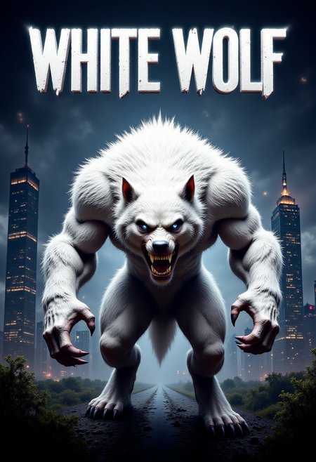 movie poster, title white wolf, stylish text title, white werewolf on front, snarl expression, hero pose, white fur with no tail, sharp black claws, blue eyes, hyper-real, realistic, dark city backdrop with large tower behind