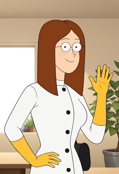 ((room background)),score_9, score_8_up, score_7_up,score_6_up, 
1girl, solo, Pam_RS, light skin, black eyes, round glasses, long straight hair, light brown hair, white lab coat, yellow gloves, grey pants, tall black boots, big eyes, cute, tall stature, social smile, perfect eyes, perfect smile, looking at the viewer, detailed eyes, perfect eyes, standing, big breasts (front pose, bust shot, close up to face, face portrait:1) five fingers, perfect hands, hand on hip, hand up