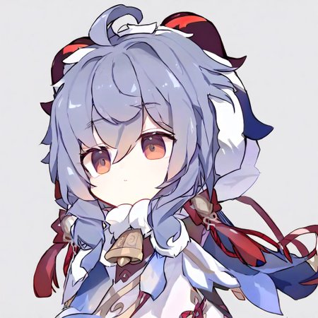 masterpiece,best quality,<lora:ganyu_new:1>,ganyu_(child), 1girl, ganyu \(genshin impact\), solo, white background, neck bell, hood, chibi, simple background, fur trim,