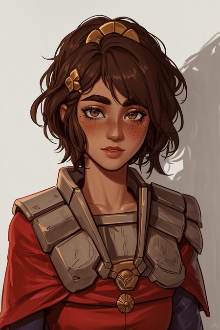 best quality, masterpiece, original, highres, illustration, best lighting and shadow, aesthetic wallpaper, amazing, beautiful, taliyah, 1girl, solo, dark skin, dark-skinned female, short hair, brown hair, thick eyebrows, brown eyes, freckles, extremely detailed and beautiful face, happy, sidelocks, photorealistic, (upper body), blush, head ornament, stone pauldrons, red cape, 
<lora:tali-20:0.5>