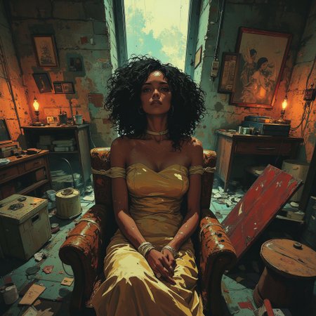 Create a photorealistic bird-eye image of a scared curly black woman attached to an armchair. Her hands are tied behind her back. She wears a satin evening dress and is looking in camera. She's scared in a dirty basement full of old furniture, worn cardboard boxes, old rusty objects, trash and litter everywhere. The dim light enter from a small window up on the wall. A vibrant web of digitally captured tones and textures, best quality, double exposure, realistic, captivating, fantastical, splash art, intricately detailed, hyper detailed, maximalist style, photorealistic, concept art, sharp focus, drama, fear, tension, mysterious glow, dynamic lighting, masterpiece, superb composition, finest details, highest aesthetic, ((front view)), mystical glow, best quality, sharp focus, high contrast, stylized, clear, colorful, ultra quality, 8k, best quality, masterpiece, award winning, a breathtaking masterpiece, award winning, DB4RZ, DB4RZ style painting, NeoPigma, in the style of cksc, anime, cyberpunk