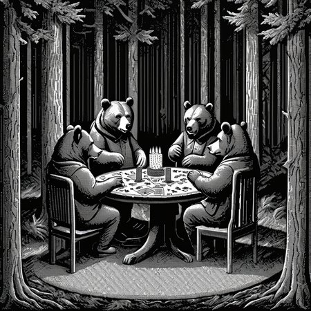 <lora:Macpaint-XL-000015:1>, Macpaint, bears sitting around a table playing cards in a dark forest at night, highly detailed, pixel art, best quality, masterpiece, dithering, intricately detailed