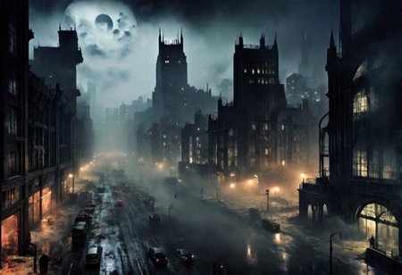EdobHorrorLandscape,
A landscape of Gotham city at night,
hopeless, nightmare,
fog,
winter,
crimes, muders, gangs,