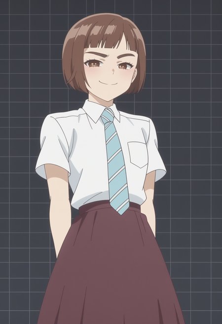 score_9, score_8_up, score_7_up, anime screencap, BREAK, 1girl, solo <lora:DX888Kazusa:1> onodera kazusa, brown eyes, brown hair, thick eyebrows, bob cut, micro bangs, school uniform, long skirt,  necktie, BREAK
 smug,  side smile, lowered eyelids, arrogant smile,  smug smile,, dark gray background, simple background, grid background,,  Thumbing forward, thumb extended