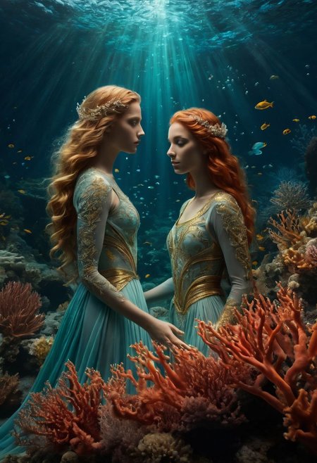 2girls, Visualize an underwater realm where two: 1.9 Greek inspired  gods  reign. Etheral look on thier faces, Dressed in contrasting flowing robes of intracate gold and lace. The first commands the element of water, with a face like the ocean's depths and long blonde hair that flows like the tides. They are surrounded by marine life and coral, with bubbles and currents flowing around them. 
BREAK:
The second controls fire:1.5, with flaming red hair shining brightly in the dark depths, with a radiant face and beams of light emanating from their being. The water around them sparkles with bioluminescence, creating a magical underwater scene