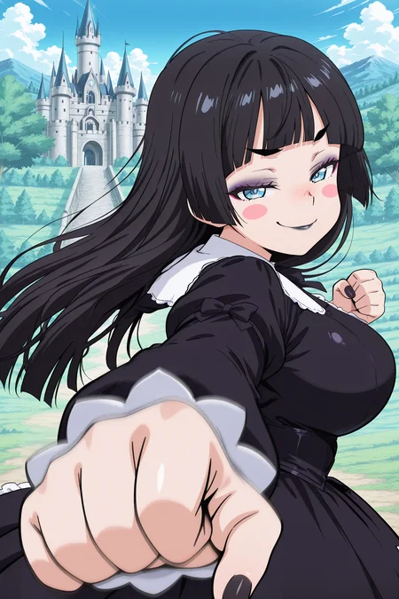 anime screencap, anime coloring, detailed face, masterpiece, best quality, very aesthetic, absurdres, volumetric lighting, official style, amazing quality, ultra detailed, highres, amazing quality, scenery, beautiful detailed hair, beautiful detailed eyes,
<lora:StS-Illustrious-Detail-Slider-v1.0:4>
outside of a gothic castle, trees, blue sky,<lora:Emi_Erokuro_MetalchromeXs_official_mascot_character_-_V2:1>
Emi Erokuro (character), 
girl is 22 years old, 1girl, solo, bright blue eyes, black hair, long hair, black eyebrows, large breasts, blush stickers, hair down, bangs, hime cut,
gothic clothing, gothic dress, eyeshadow, black lipstick, black fingernails,
<lora:pepe-punch-illustriousxl-lora-nochekaiser:.8> pepe punch, looking at viewer, blush, smug smile, closed mouth, clenched fist, foreshortening, punching, incoming punch, incoming attack, motion blur, smug expression