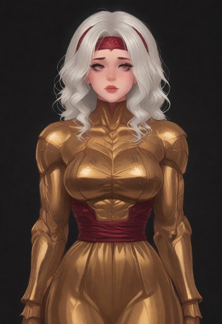 (score_9, score_8_up, score_7_up), source_anime, anime, female (dark red skin) white hair, burgundy eye color, black eye sclera, layered clothing, waist-high, black background, woman, forehead, headband  (big breasts:1.2) (golden armor:1.1) (muscular body:1.8) white tight skin (fleshy lips:1.5) (thin waist:1.5).