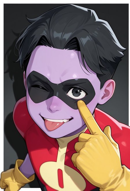 1boy, male focus, cute boy, rOliver_Grayson, Purple Skin, Colored Skin, Black Hair, Black Eyes, Domino Mask, Superhero Costume, Yellow Gloves, tongue out, (akanbe:2), smile, eyelid pull, left eye closed, simple background, graphic border, cinematic, intricately detailed illustration, depth of field, masterpiece, best quality, amazing quality, very aesthetic, absurdres, newest, very awa, shadow,