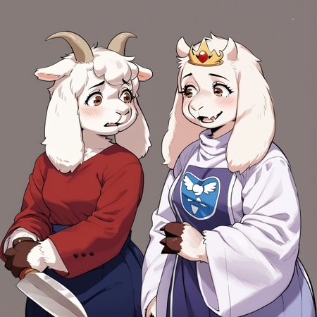score_9,score_8,score_7,
mother_goat_mlg,goat, goat girl, furry, furry female, mature, mature female, big tits, tall,
2girls, duo, 2 goat girls toriel and mariko using weapons,
toriel uses a purple robe with white sleeves and she's chubby,
mariko uses a red blouse with blue skirt and a tiara with medium white hair  and she's skinny and tall,
weapons,knife, grim,evil grim,
( art by kaisen chuui ) ,,
<lora:Mother_Goat_My_Little_Goat:1.2> mother_goat_mlg
 <lora:Toriel_Undertale_Pony_SDXL:0.3> toriel_undertale