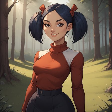 score_9, score_8, BREAK, solo, red sweater, 1girl, white undershirt, black skirt, navy blue hair, black eyes, lips, twintails, breasts, total drama, Kitty_(\Total_Drama\), tdtrr, cute, sexy pose, smile, outdoors, sunlight, shadows, evening lighting, natural lighting, forest, trees, grass, orange sky, sunset