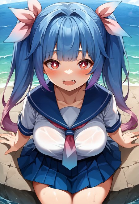 score_9, score_7_up, hd, (ultra hd quality details), source_anime, outdoors, ocean,
solo, 1girl, kciku, gradient hair, tri tails, twintails, long hair, hair ribbon, large breasts, star-shaped pupils,
school uniform, short sleeves, gradient neckerchief, blue skirt, pleated skirt,
looking at viewer, blush, fang,
sitting, from above,
<lora:_i-19-elesico-pony:1>