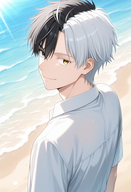 masterpiece,best quality,amazing quality, source_anime, 
sakuharuka, 1boy, male focus, solo, heterocromia, grey eyes, yellow eyes, split-color hair, black hair, white hair, shirt, white shirt, collared shirt, beach, from behind, looking back, smile,