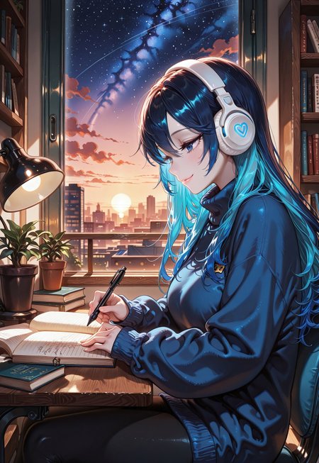 1girl, masterpiece,best quality,amazing quality,animated, masterpiece,best quality, long blue hair, multicolored hair, hair out of eyes, no bangs, details in the eyes, small waist, shiny eyes, long eyelashes, pale skin, faint smile, small smile, loose hair, cerulean blue sweater, baggy sweater, (long hair:1.4), white room,  leggings, bedroom, big white headphones, studying, lofi, sitting, view from side, window in the background, cluttered desk, thinking, textbook, notebook, potted plant, golden hour, sunset, cityscape, deskchair, 
(Smooth Embeddings:1) beautiful aesthetic, very intricate, high quality details, vibrant, highly detailed, award-winning, professional,
 <lora:LofiGirl_Style_IXL:0.25> , zzLofi, sitting, side view, large wooden table, chair, book, bookshelf, holding, holding pen, lamp, night, open book, pen, plant, potted plant, sky, star (sky), starry sky, window, windowsill, writing,
 <lora:hand 4:1>, <lora:Hand_Details_XL:1> , detailed hands, <lora:HandFixer_pdxl_Incrs_v1:0.5> , handfixer,
