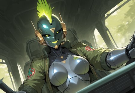 robot joints, proud, medium breasts, metal body with green lines, green punk hair, mohawk, smug grin, cropped flight jacket, open jacket, headset,   black sclera, in the style of ckjs, looking at viewer, 1girl, solo, (robot face:1.4), sitting in starfighter cockpit, from below, lush alien landscape, strange alien flora, two-tone hair, from angle, canopy, window, outdoors, excited, action, open mouth, motion blur, gray cockpit