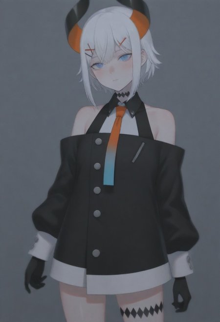 masterpiece, best quality, amazing quality,,, shiny skin,,,,,,,,nijilevi,,blue eyes,white hair,horn,pail skin,short hair,hairclip,nijilevicos,collared shirt,bare shoulder,gradient necktie,puffy long sleeves,white cuffs,black gloves,single thigh strap,