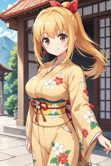 score_9, score_8_up, score_7_up, BREAK source_anime, masterpiece,
1girl, solo, marin, long hair, ponytail, blonde hair, brown eyes, large breasts, hair ribbon, earring,
<lora:marin_pony-000012:1>
outdoor, yellow kimono, flower print, looking front view, standing, cowboy shot, smile,