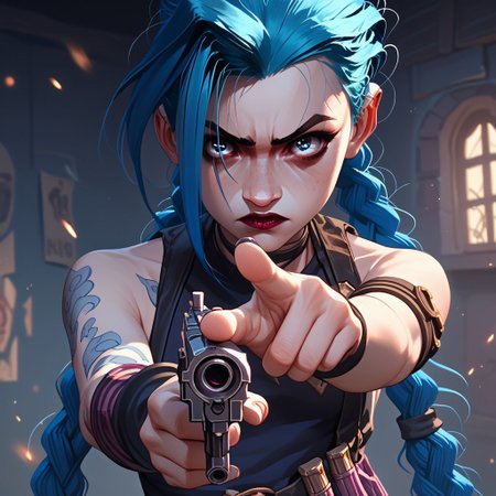 score_9, score_8_up, score_7_up, score_6_up, score_5_up, score_4_up, 1girl, JinxPowder, very long double braids, pointing a gun
