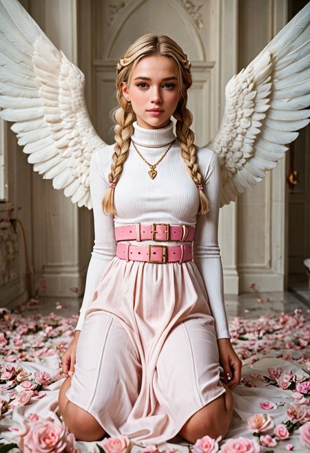 score_9, score_8_up, score_7_up, score_6_up, score_5_up, score_4_up, 1girl, wings, blonde hair, goddess hair, twin braids, black eyes, white goddess dress, turtleneck, pink belt, kneeling, Olimpus