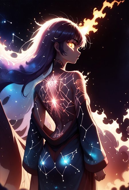 Score_9, score_8_up, score_7_up, best quality, high res, 8k, Dark lighting, low lighting, night, dark background, nebula,  1girl,faceless,back view, intricate tattoo, constellation, glowing tattoo, open back robe, cosmic entity, looking back at viewer, burning eyes