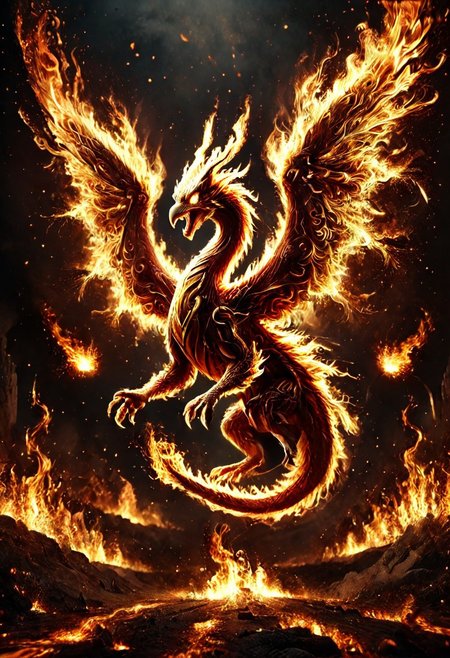 Score_9, score_8_up, score_7_up, high quality, 4k, 8k, extremely detailed, fire eagle, rendered in stunning detail by Andrei Kolkoutine. The camera frames the vibrant dragon's face, its big, round eyes creating an adorable expression.  The composition is playful and funny, with the dragon's outstretched wings and tiny claws creating a sense of movement. fire, explosions, funny theme, witty, Humor and wit, Aesthetic appeal, Engagement sparks, flamestyle
