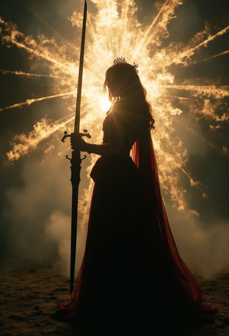 analog film photo (art by Zdzislaw Beksinski). baroque style. gothic young woman KTNK. giant sword. epic, glorification, backlit, god rays, . faded film, desaturated, 35mm photo, grainy, vignette, vintage, Kodachrome, Lomography, stained, highly detailed, found footage