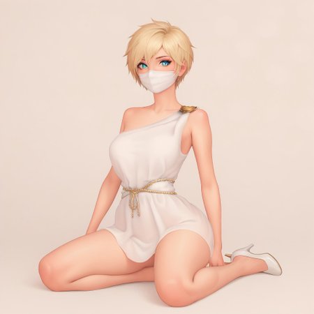 score_9, score_8_up, score_7_up, zPDXL3, NEGATIVE_HANDS, beautiful aesthetic, very intricate details, high quality details, realistic, highres, HD, 1 girl, solo, BREAK, white mask, blonde hair, short hair, cyan eyes, toga, greek clothes, white high heels, thin body, happy smiling, sexy, BREAK, prison