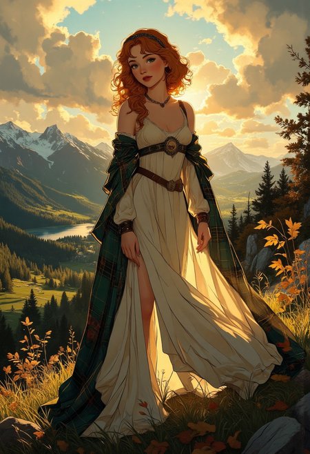 Anime art, Full-length, gorgeous Scottish redhead, naturally curly ginger hair, tartan headband, white medieval-style tunic and tartan cloak thrown open revealing her angelic perfect body full breasts, tiny waist and sexy thighs, standing on a hill with golden hour light illuminating her perfect evocative form with a kiss of sunlight that accentuates her regal beauty. Backdrop of Scottish Highlands in fall, bright autumn colors, lakes and wooded areas, braided hairstyle, subtle cleavage, diffused lighting, vivid facial expression, intricate fabric details. <lora:aidmaMJ6.1_v0.5_3:0.5>,  <lora:Anime Art V3_Flux:0.5>