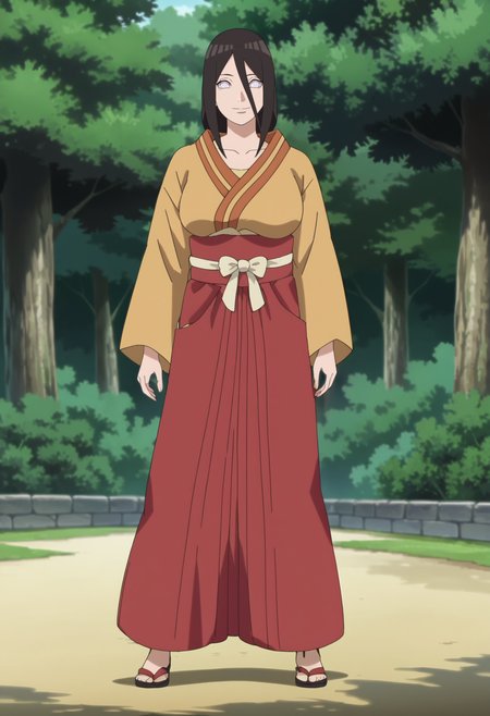score_9, score_8_up, score_7_up, source_anime,anime screencap,anime coloring,intricate details,masterpiece,
uncensored,
mature female,
hanabi, black hair, 1girl, long hair, hair between eyes, white eyes,no pupils,large breasts, 
japanese clothes,hakama,hakama skirt, kimono,sandals, red hakama,long sleeves,
smile,looking at viewer, 
perfect anatomy,
scenery,outdoors, east asian architecture, forest, 
<lora:Hanabi_by_Nyx:1>