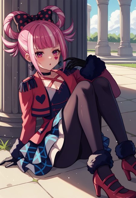 score_9, score_8_up, score_7_up, source_anime, 1girl, on ground, looking at viewer, chestnut mouth, BREAK <lora:HortensiaFE-pdxl:1> casHort, multicolored hair, hair rings, blunt bangs, hair bow, polka dot bow, sidelocks, heart facial mark, black choker, heart earrings, red cropped jacket, epaulettes, long sleeves, fur trim, black gloves, cross-laced dress, frills, black pantyhose, red high heels, pointy footwear, outdoors, column