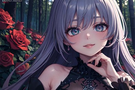(masterpiece:1.4), 4K8K, (anime style), (high shutterspeed:1.4), (sharp edges), 
SyFyEye1, 
1woman  hands togather,  leaning foward, face focus, smile, closed mouth, 
wearing Celtic style dress, (Detailed face, Detailed eyes, Detailed lips), 
any colored roses, Fantastic Forest at night,