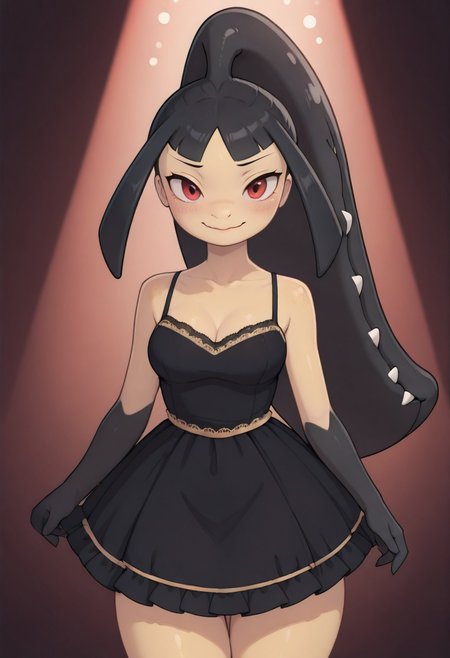 lazypos, 1girl, solo, (thick thighs:0.6), skindentation, cleavage, medium breasts,
black dress, spaghetti strap, frilled dress, lace trim, gold trim, dancing, looking at viewer, light smile, blush, 
mawile, personification, black hair, red eyes, eyeliner, sidelocks, colored skin, yellow skin, two-tone skin, black skin, extra mouth, long hair,