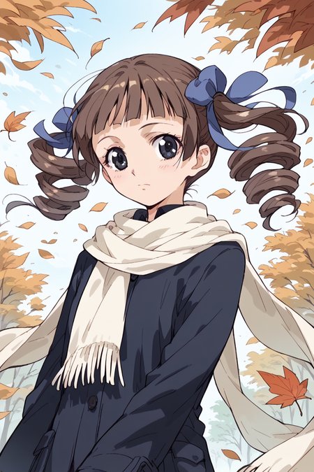 score_9, score_8_up, score_7_up, score_6_up,
 <lora:Touko_Matsudaira:1> touko, 1girl, solo, scarf, drill hair, twin drills, oekaki, brown hair, twintails, wind, black eyes, leaf, white scarf