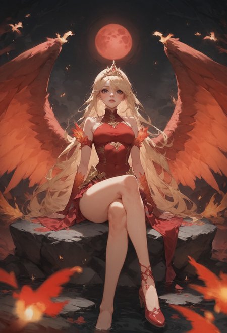 ASCII(score_9, score_8_up:1.1), score_7_up,   1girl, petite, blonde hair, long hair, phoenix wings, glossy red skirt, glossy red top, void forest, sitting on rock, crossed legs, red water, magical, golden tiara, blood moon, void, fire  <lora:Concept Art Eclipse Style LoRA_Pony XL v6:0.8>  <lora:Expressive_H-000001:0.8> expressiveh  <lora:sinfully_stylish_SDXL>