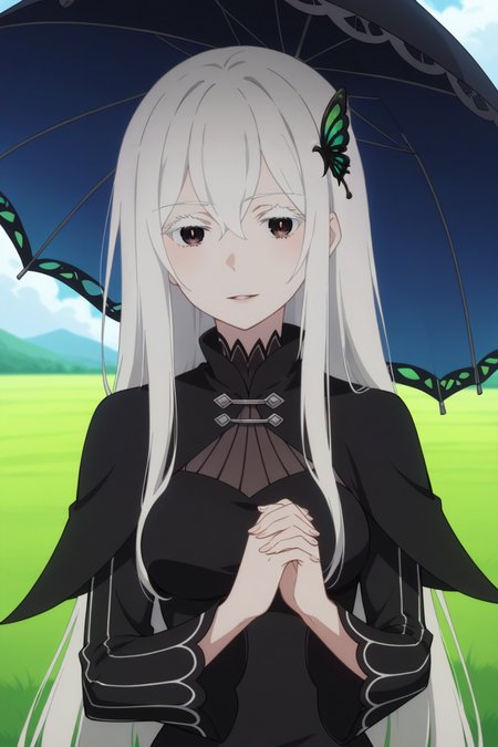 score_9, score_8_up, score_7_up, source_anime, 1girl, prefect lighting, very aesthetic, intricate details, highly detailed background, masterpiece, high quality, prefect hands, best quality, solo,
<lora:Echidna_ReZero_V1:.85>, KJOechidna, white hair, white eyelashes, thick eyelashes, hair between eyes, dark eyes, pale skin, very long hair,
original dress, black dress, butterfly hair ornament, 
own hands together, seductive smile, parted lips, looking at viewer,
field, under umbrella, shade, hills,
(Beautiful, medium Breasts:1.2), natural breasts,