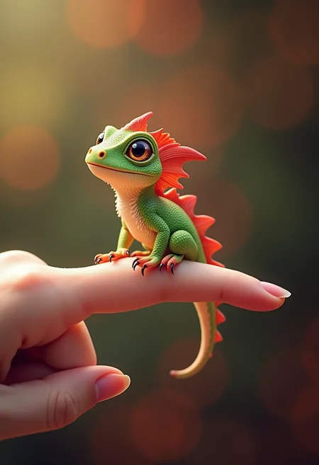 A baby dragon sitting on an extended human finger
