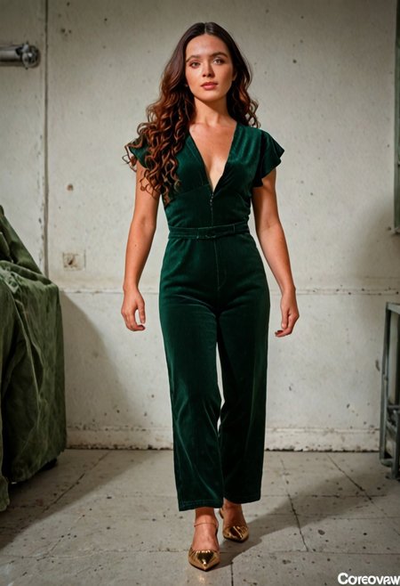Brunette woman, slim, round ass, long brown wavy hair with dark auburn highlights, medium tits, wearing a dark green corduroy V-Neck Short-sleeved jumpsuit. Walking through the Place de la Concorde in Paris. Stylish, pretty, confident, gold scrappy fashion shoes,