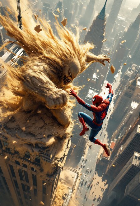 A dynamic image bursts forth, capturing the epic clash between Spiderman and Sandman high atop a skyscraper. In the foreground, Spiderman lunges towards Sandman, his body a blur of red and blue. His web-shooters fire streams of webbing, aiming to ensnare his formidable foe. Sandman roars, his massive, sand-formed fist smashing towards Spiderman. Grains of sand fly everywhere, catching the light and creating a swirling vortex around the combatants. The middle ground reveals the precarious setting: the rooftop of a skyscraper, its edges crumbling under the force of the battle. Antennas sway precariously, and debris plummets towards the city below. The background is a vibrant cityscape, a tapestry of towering buildings and bustling streets, dwarfed by the colossal figures battling above. The lighting is dramatic, with bold contrasts of light and shadow, emphasizing the dynamic action. The composition is a diagonal, high-angle shot, creating a sense of dizzying height and intense movement. The intended emotion is one of thrilling action, suspense, and the awe-inspiring scale of a superhero battle. Emulating the style of classic comic book art, particularly the work of Steve Ditko and Todd McFarlane, the image emphasizes exaggerated anatomy, dynamic poses, and bold colors. Sandman's form has a granular, shifting texture, contrasting with Spiderman's smooth, form-fitting suit.