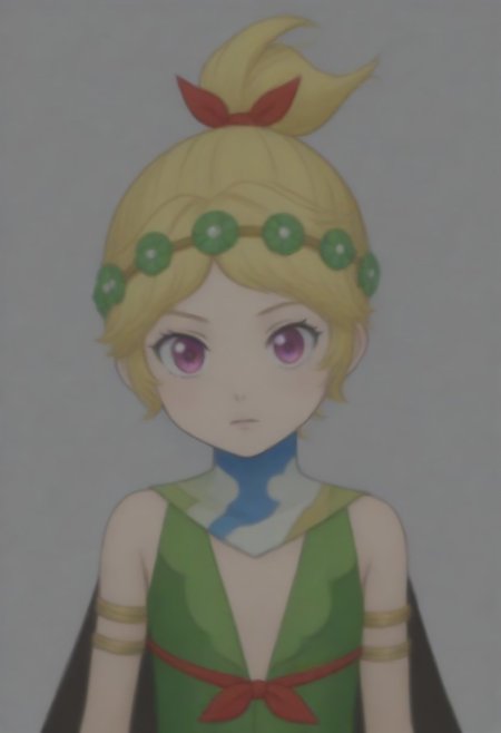 source_anime, anime screencap, source_anime, auratheguillotine, anime screencap, masterpiece, source_anime, shiny skin,,,,,, <lora:zs_DemeterXL:1> demetersmt, blonde hair, ponytail, head wreath, purple eyes, green dress, cleavage, cape, armlet, bracelet,