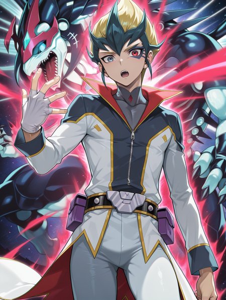 kite tenjo,galaxy-eyes photon dragon,1other,1boy,male focus,open mouth,single white fingerless glove,grey high collar shirt,white coats,white pants,looking at viewer,facial mark,heterochromia,belt pouch,blue dragon,
masterpiece,best quality,amazing quality,very aesthetic,absurdres,newest,<lora:Galaxy-Eyes Prime Photon Dragon illuXL v2.3:0.75>,