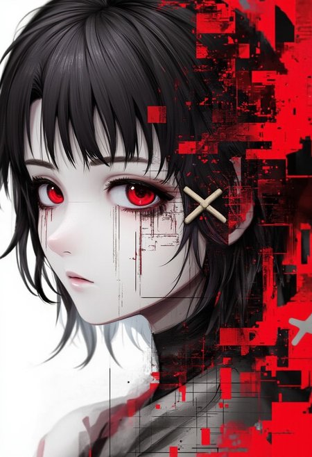 bo-abyss, abstract monochrome composition with splashes of deep red accents, high quality, ultra detailed, colorful, abstract, particles, fantasy, partially blended with abstract digital elements. the background features layers of glitch art, The image is a close-up of a person's face with a dramatic and intricate face art design. The face is predominantly white, with black and red accents on the upper and lower half of the face. The eye is the focal point of the image, with a deep red iris that stands out against the white background. The iris is surrounded by a black and white swirl pattern that extends from the top left corner to the bottom right corner of the eye. The swirls are made up of thin black lines that create a sense of movement and energy. The lines are arranged in a symmetrical pattern, creating a sense depth and dimension. The overall effect is striking and striking. The person's lips are painted a bold red color, adding a pop of color to the otherwise monochromatic face., volumetric lighting, volumetric lighting, volumetric lighting